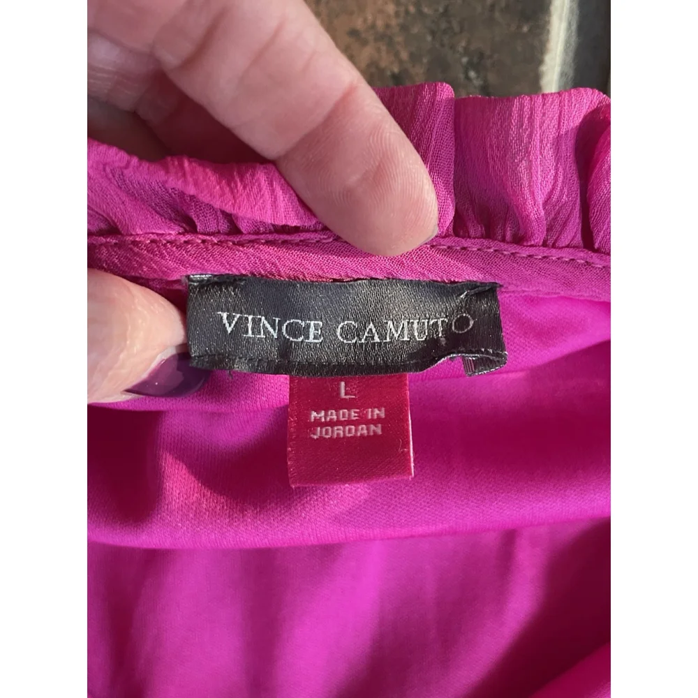 Vince Camuto Hot Pink Tiered Chiffon Mini Dress Sheer Sleeves Ruffle Collar Sz L - Picture 6 of 10